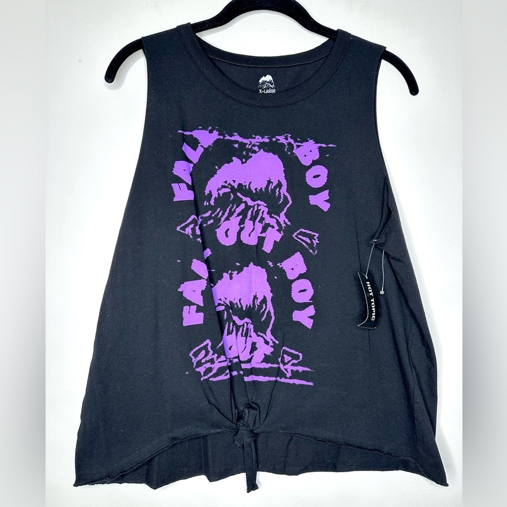 Women’s Fall Out Boy Graphic Raw Hem Sleeveless Knot Tie Shirt Top Hot Topic XL